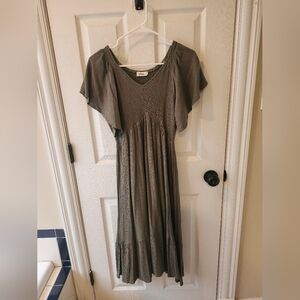 In Loom Olive Green Smocked Midi Dress